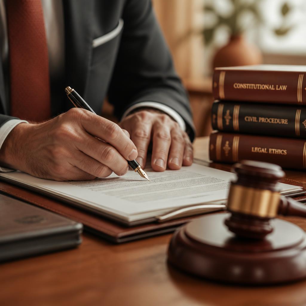 Advogado assinando peça processual em escritório